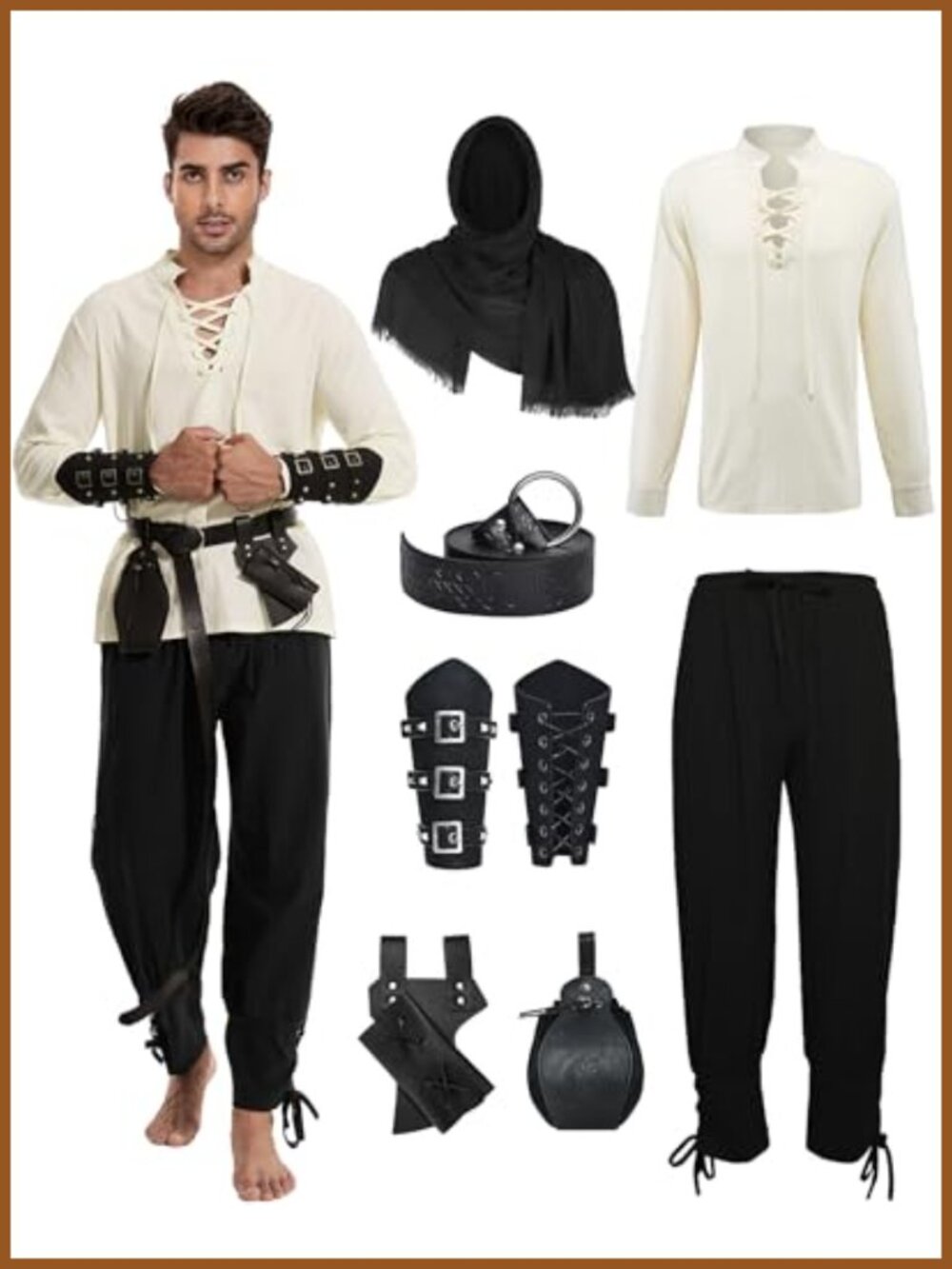 Medieval Renaissance Costume Men 7 Pc Viking Shirt Pants Belt LARP Cosplay